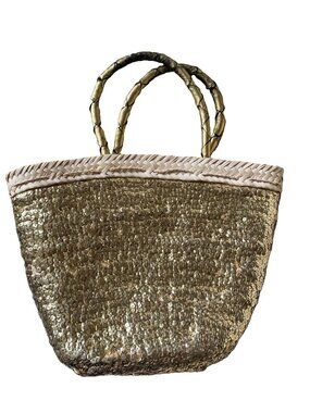 En Shalla Tote Bag Gold Sequined Hand Bag Handwoven Straw Raffia EnShalla